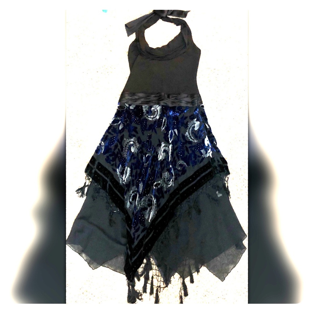 Black/blue velvet halter gown, size 10